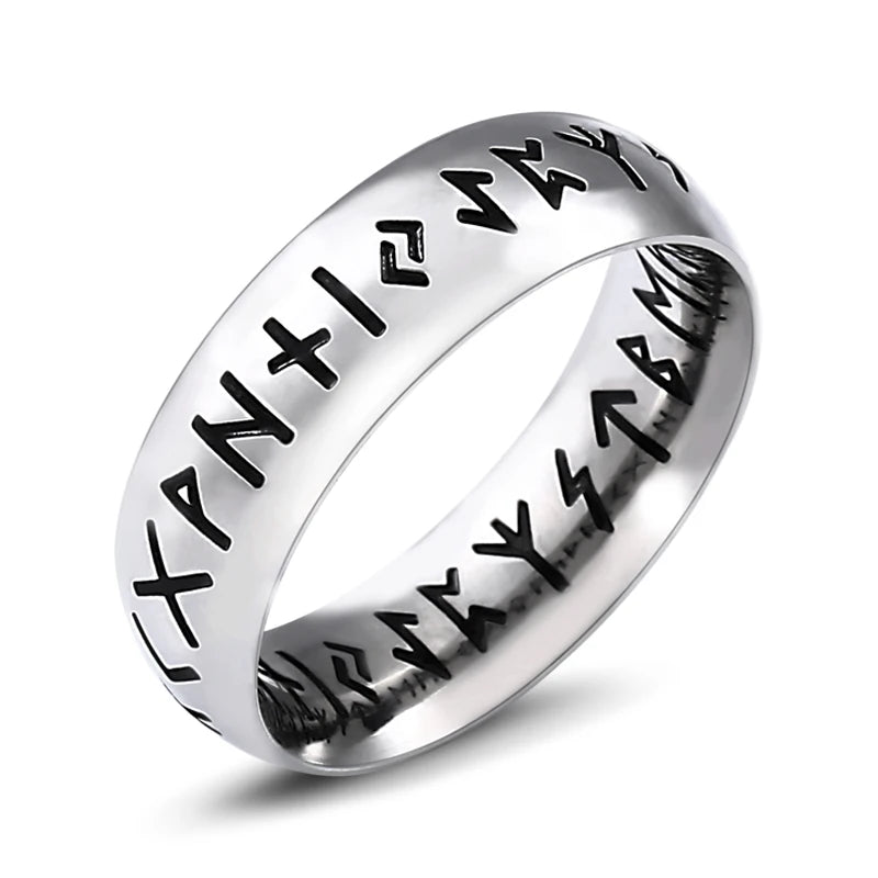 Men's Viking Rune Ring – Stainless Steel Elder Futhark Band in Silver, Black & Retro Finish