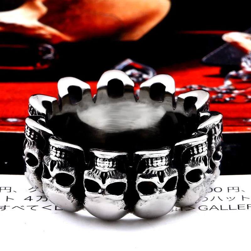Men's Skull Ring – Gothic Stainless Steel Biker Band with Rhinestone Accents