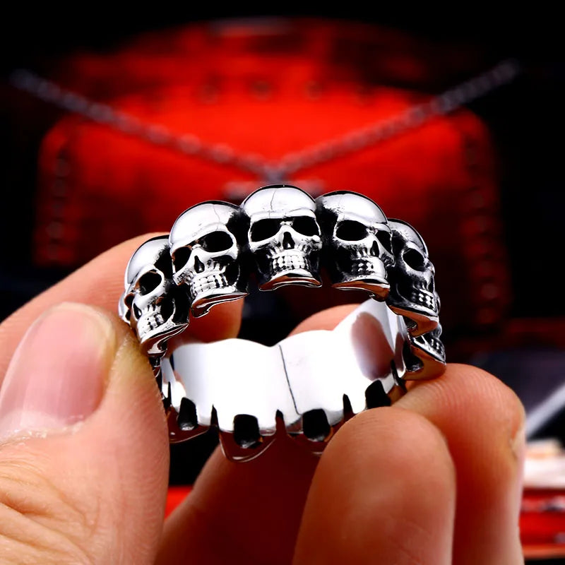 Men's Skull Ring – Gothic Stainless Steel Biker Band with Rhinestone Accents