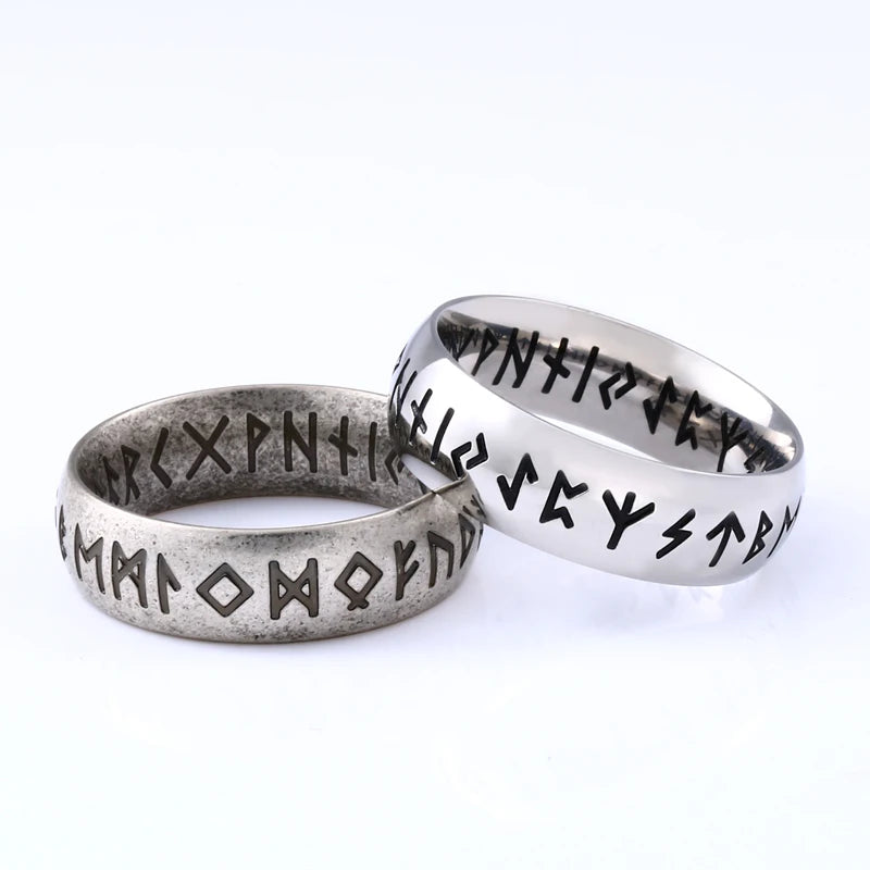 Men's Viking Rune Ring – Stainless Steel Elder Futhark Band in Silver, Black & Retro Finish