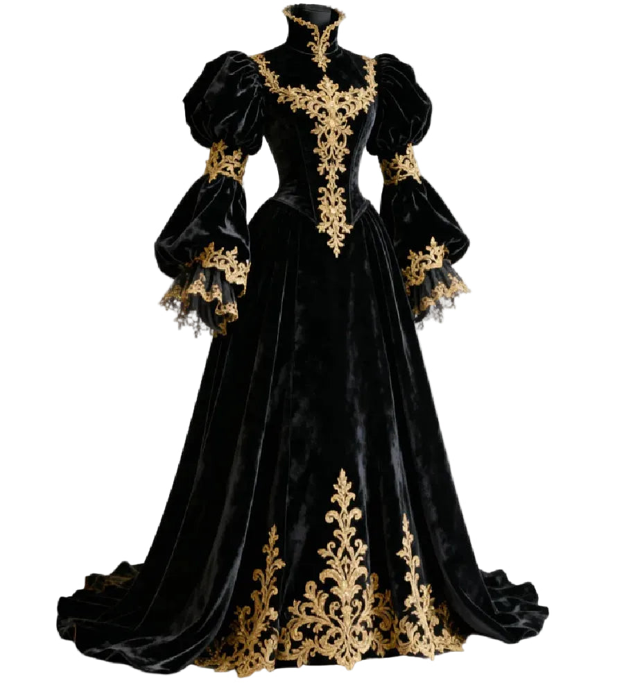 Women's Tudor Renaissance Black Velvet Gown – Gold Lace Medieval Evening Dress for Costume & Formal Events