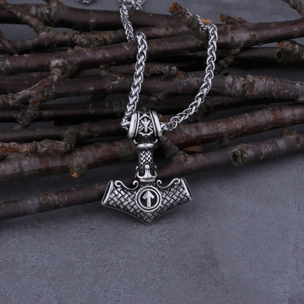 Viking Thor's Hammer Necklace – Mjölnir Odin Rune Pendant in 316L Stainless Steel | Gold-Silver & Silver