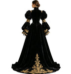Women's Tudor Renaissance Black Velvet Gown – Gold Lace Medieval Evening Dress for Costume & Formal Events