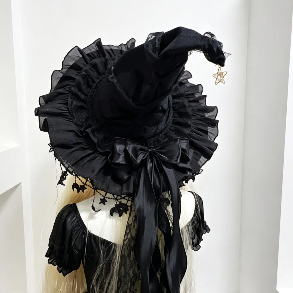Gothic Lace Witch Hat – Velvet Brim with Lace Trim & Moon Pendant for Halloween & Costume Parties