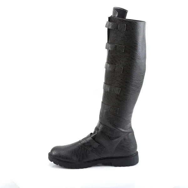 Medieval Knight Knee-High Buckle Boots – Faux Leather | Black & Dark Brown