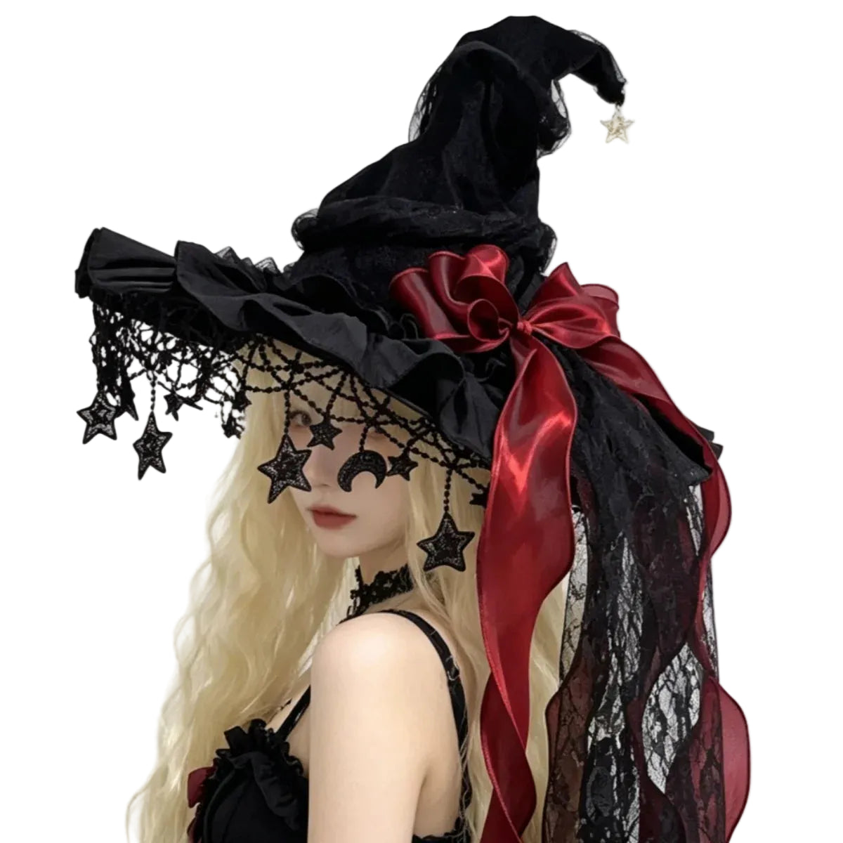Gothic Lace Witch Hat – Velvet Brim with Lace Trim & Moon Pendant for Halloween & Costume Parties