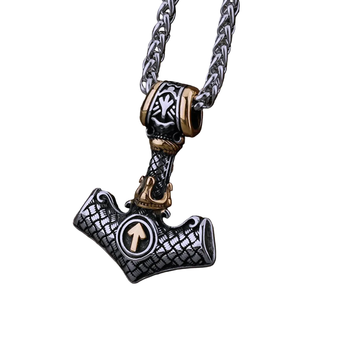 Viking Thor's Hammer Necklace – Mjölnir Odin Rune Pendant in 316L Stainless Steel | Gold-Silver & Silver