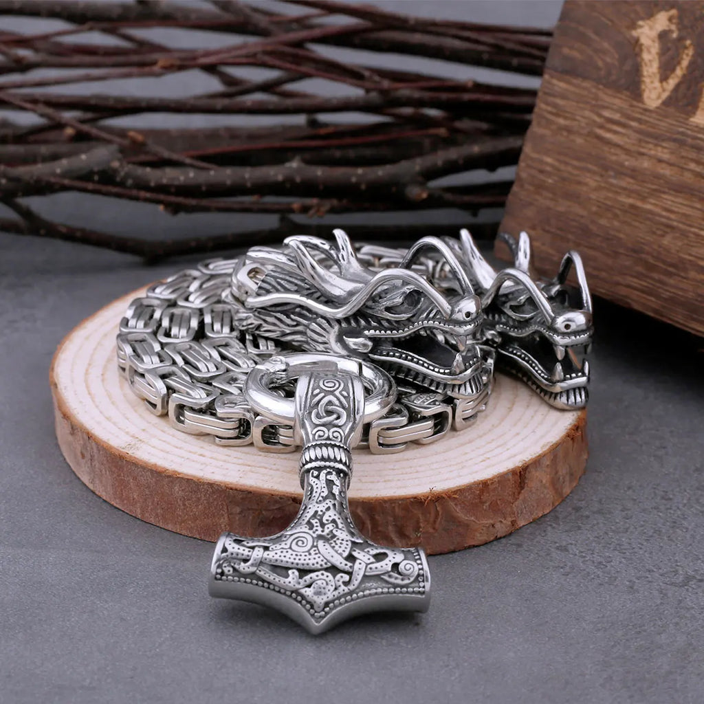 Men's Thor's Hammer Necklace – Dragon Head Mjölnir Pendant in 316L Stainless Steel