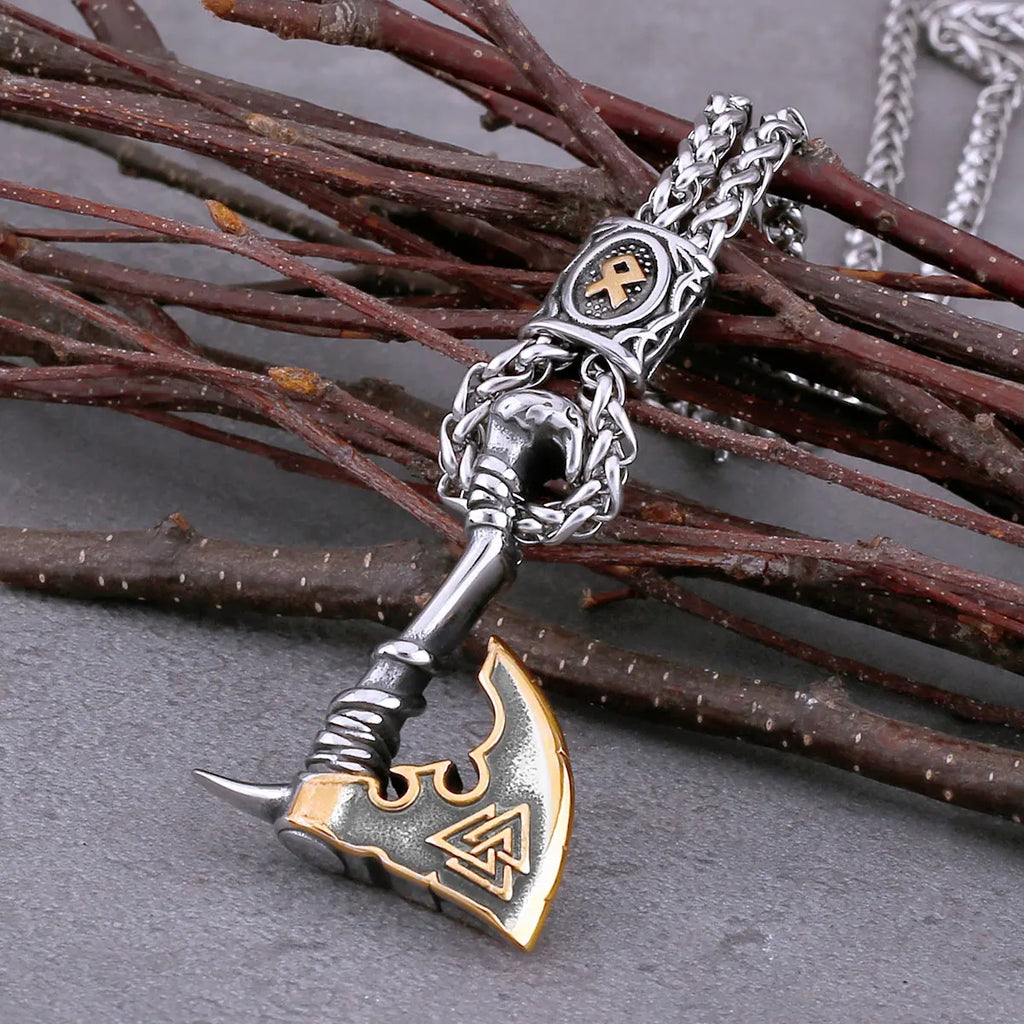 Viking Rune Axe Pendant Necklace – 316L Stainless Steel Norse Amulet | Gold & Silver