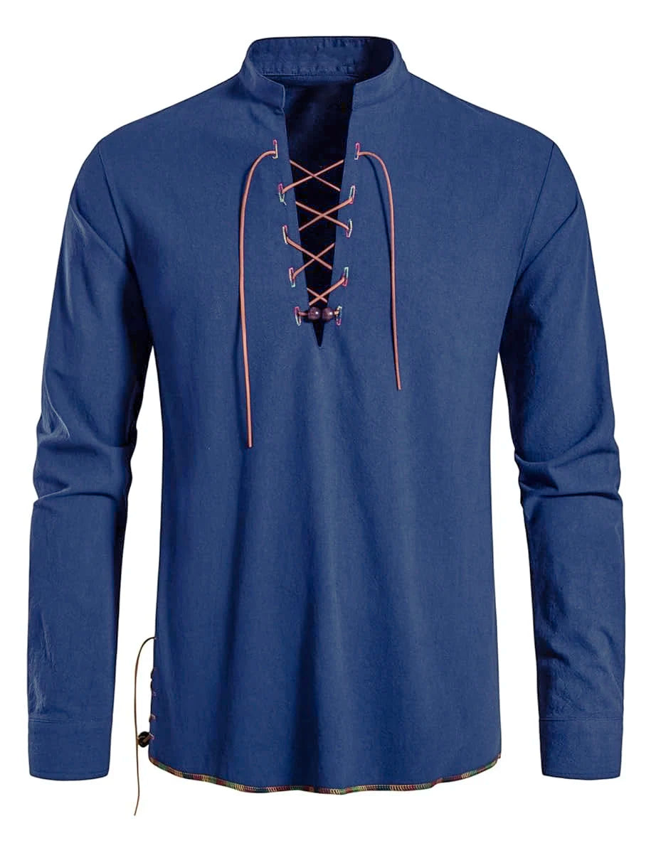 Men's Medieval Lace-Up Henley Shirt | Viking & Renaissance Long-Sleeve Top