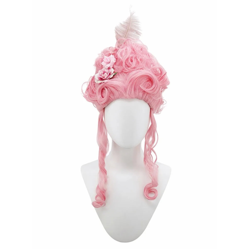 Rococo Queen Costume Wig — Stacked Curls with Flowers & Feathers