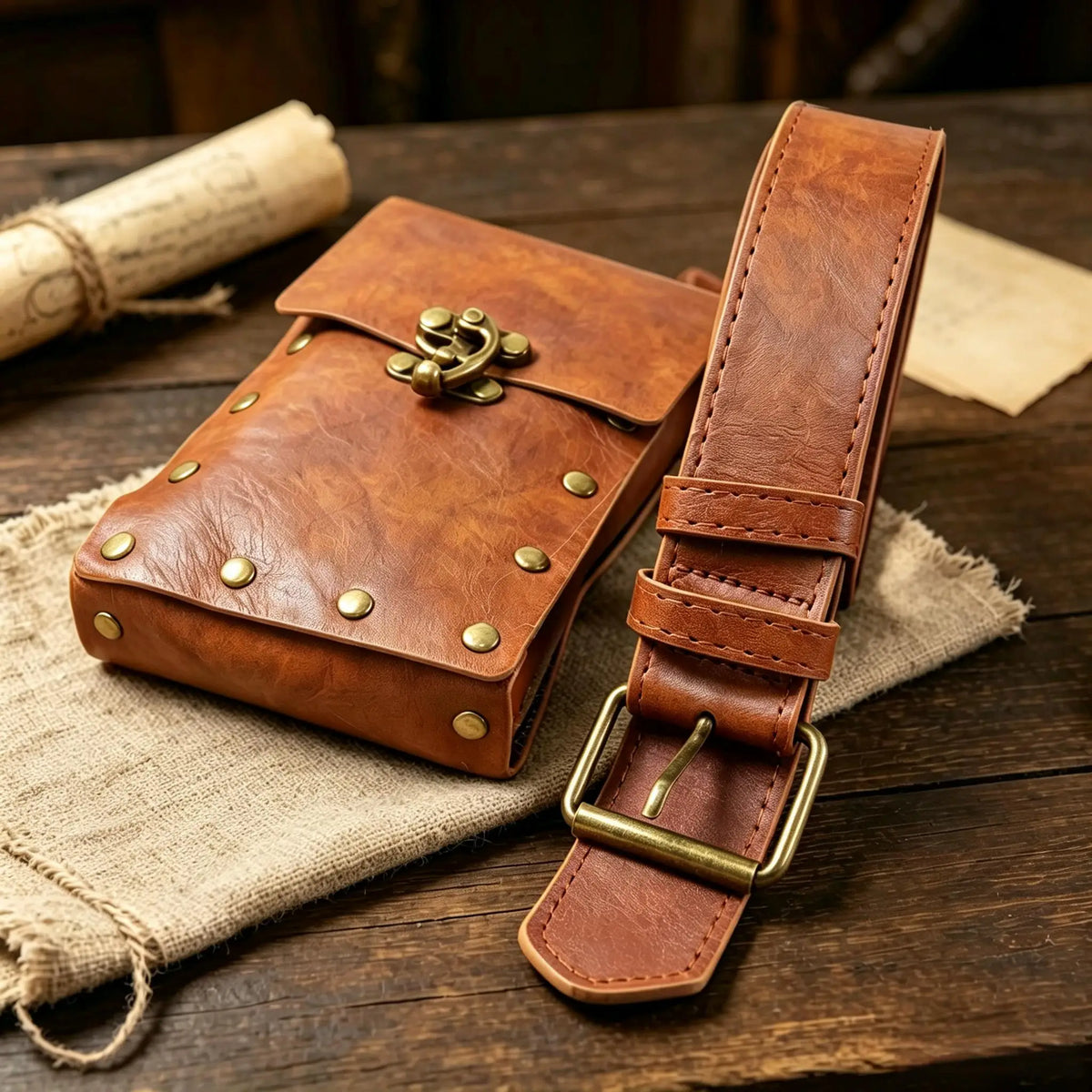 Medieval Leather Belt Pouch – Vintage Rivet Waist Bag