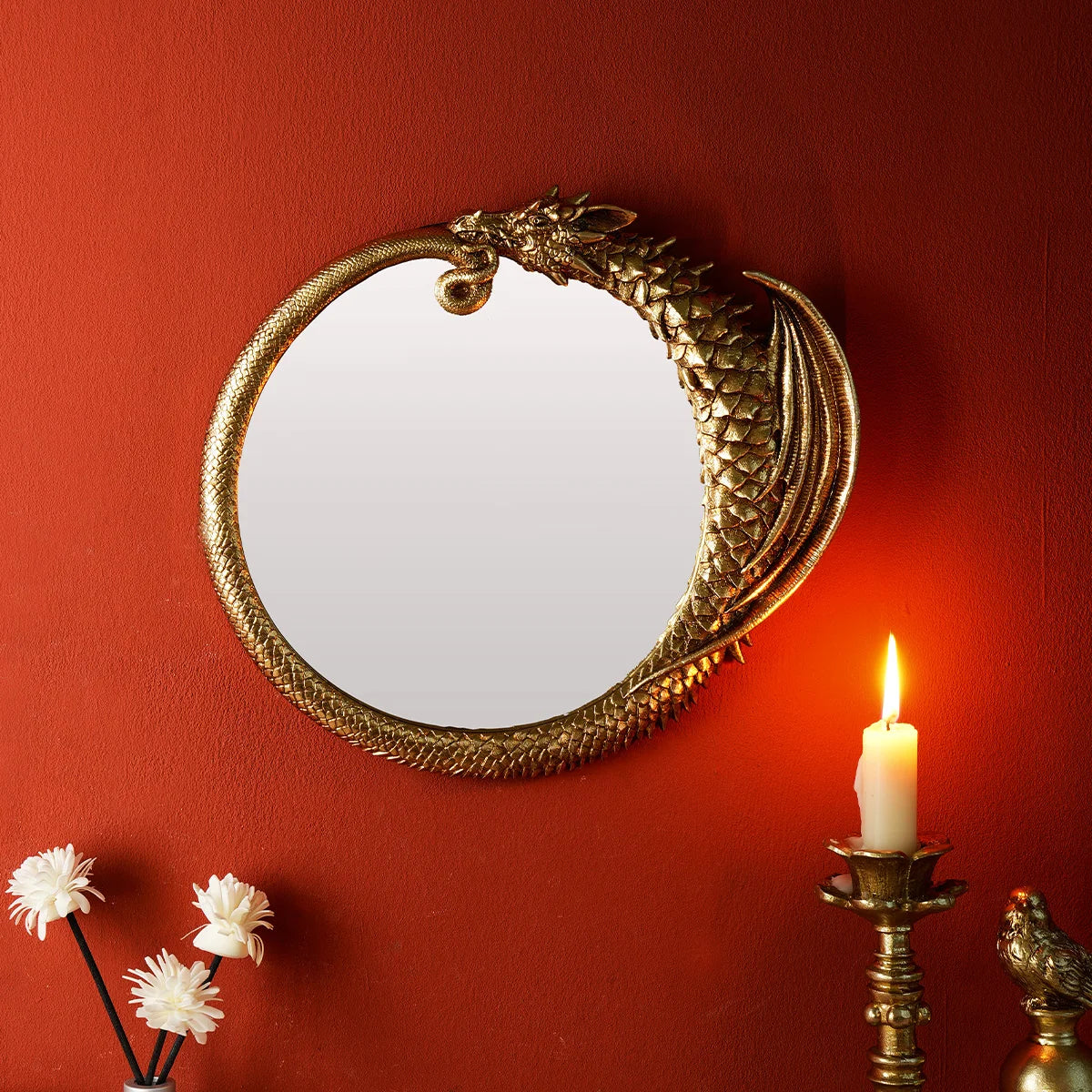 Dragon Wall Mirror – Golden Resin Decorative Oval Mirror