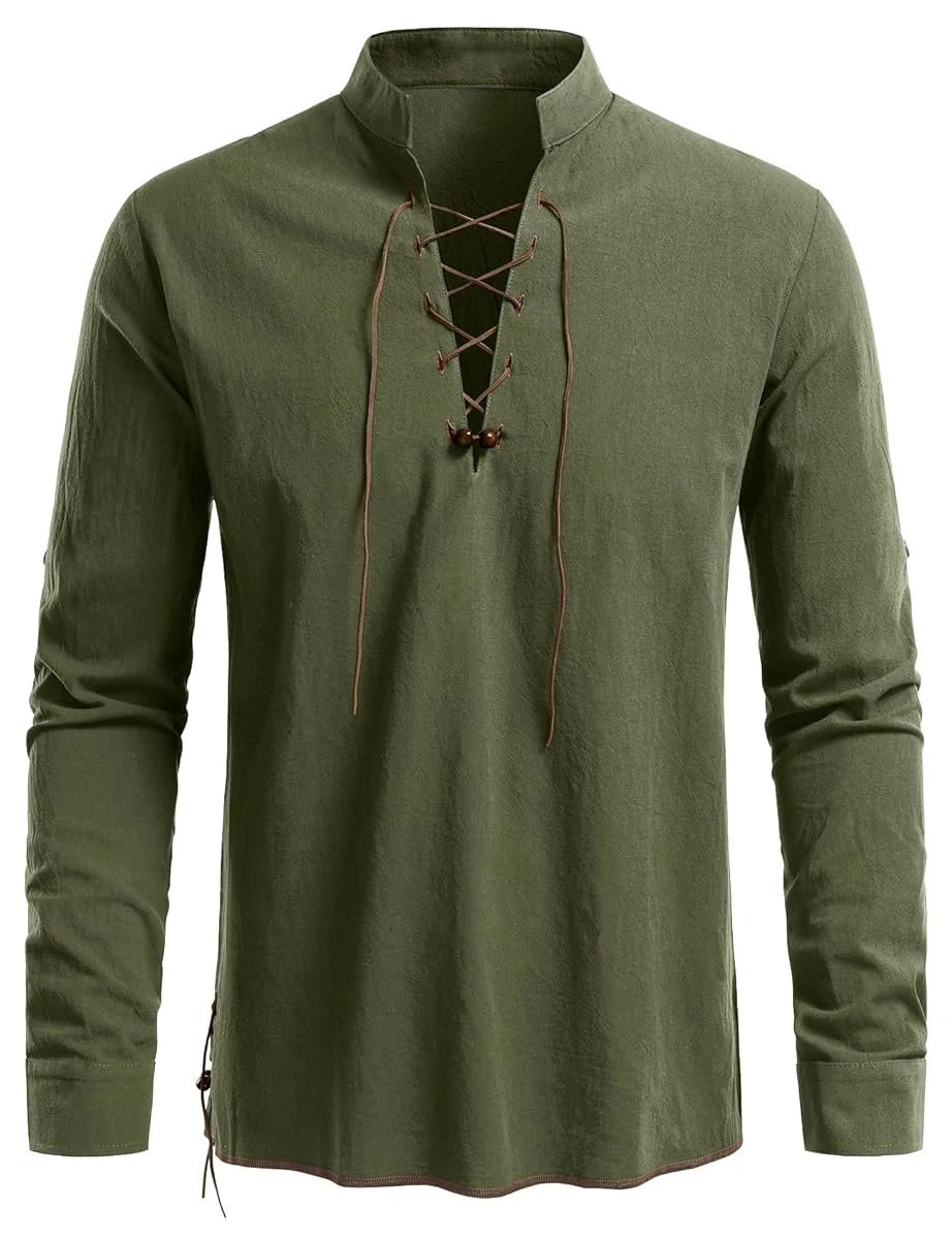 Men's Medieval Lace-Up Henley Shirt | Viking & Renaissance Long-Sleeve Top