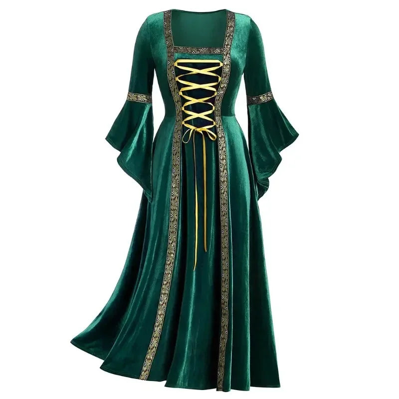 Medieval Gothic Lace-Up Velvet Gown – Long Sleeve Vampire Witch Costume for Women