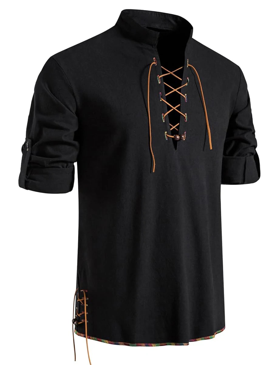 Men's Medieval Lace-Up Henley Shirt | Viking & Renaissance Long-Sleeve Top