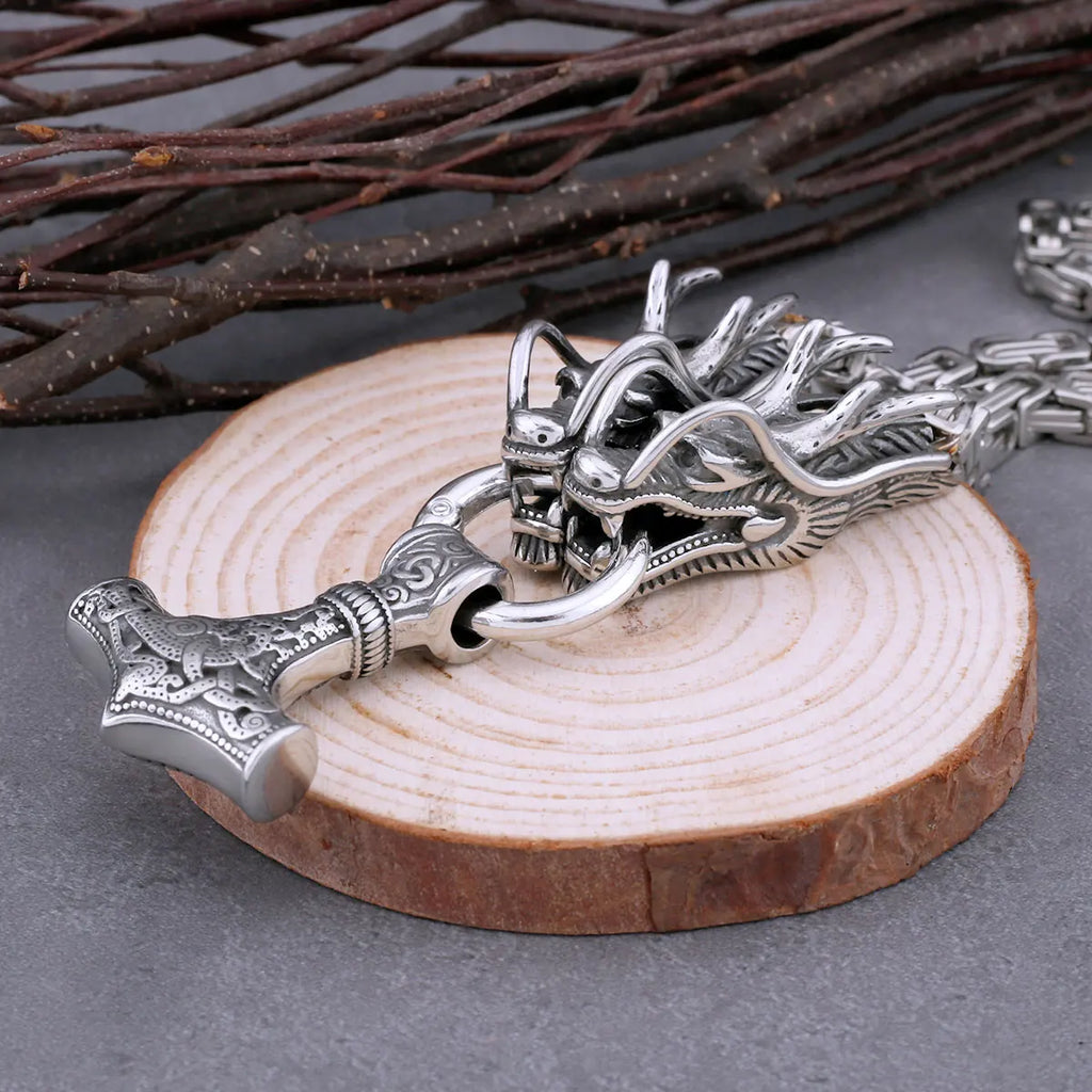 Men's Thor's Hammer Necklace – Dragon Head Mjölnir Pendant in 316L Stainless Steel