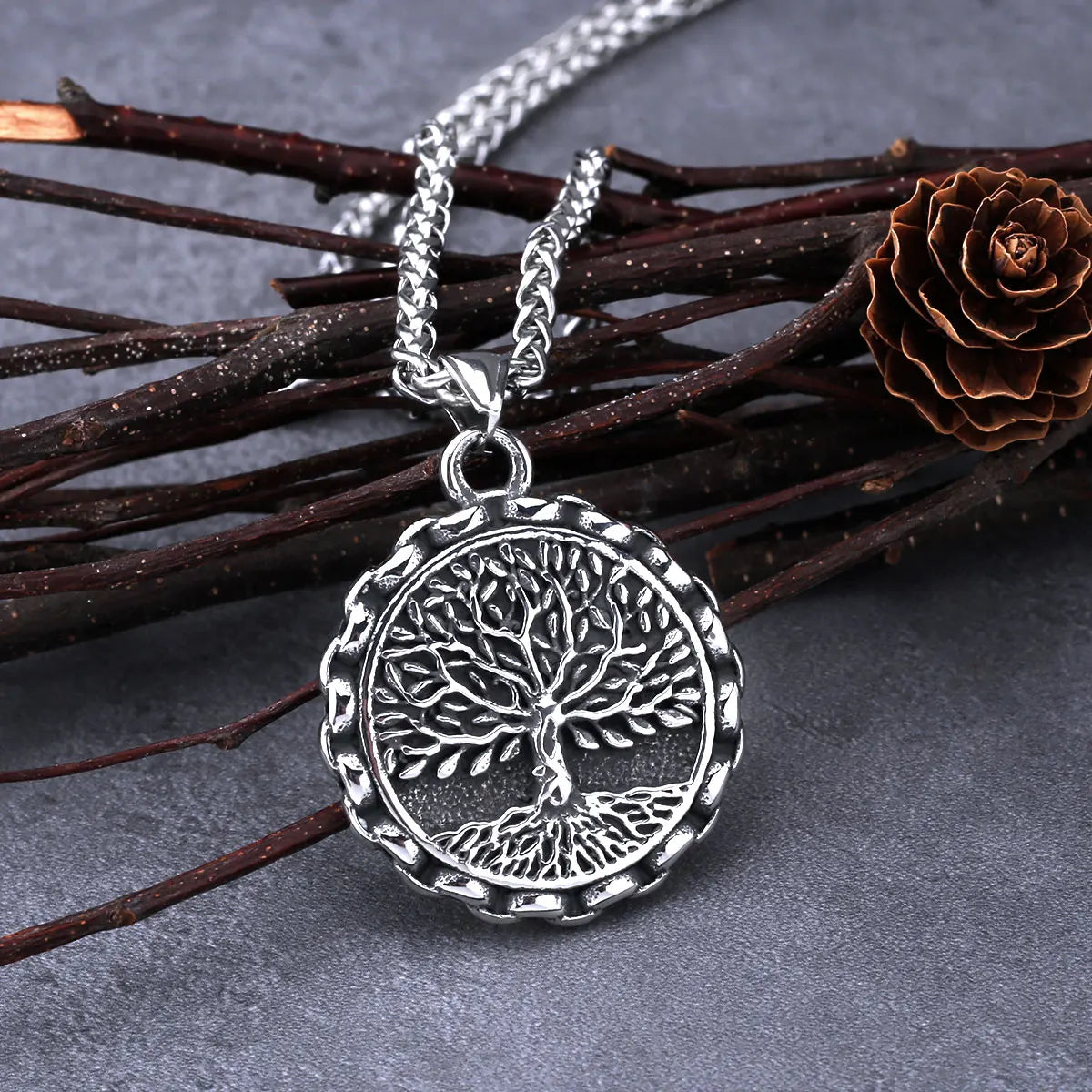 Men's Viking Tree of Life Necklace – Yggdrasil Pendant in 316L Stainless Steel with Snake Chain
