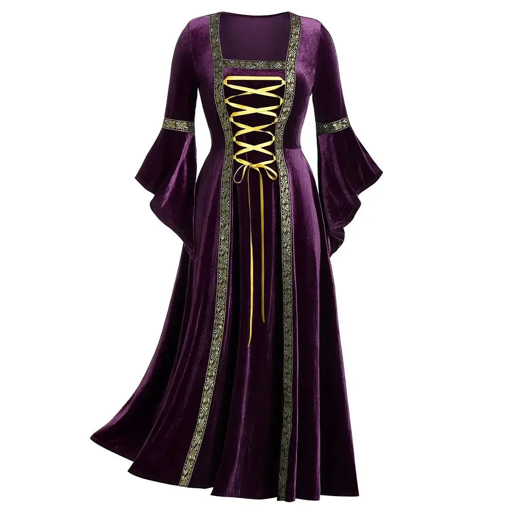 Medieval Gothic Lace-Up Velvet Gown – Long Sleeve Vampire Witch Costume for Women