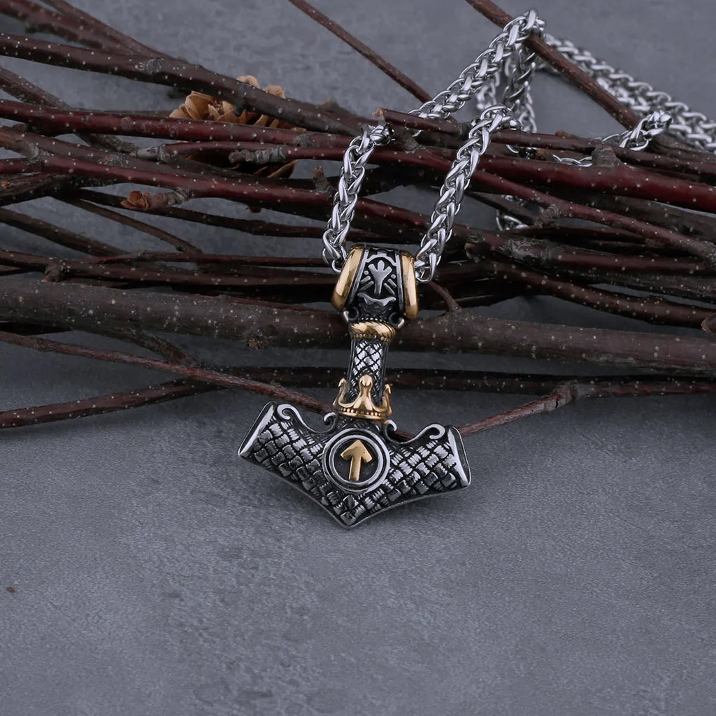 Viking Thor's Hammer Necklace – Mjölnir Odin Rune Pendant in 316L Stainless Steel | Gold-Silver & Silver
