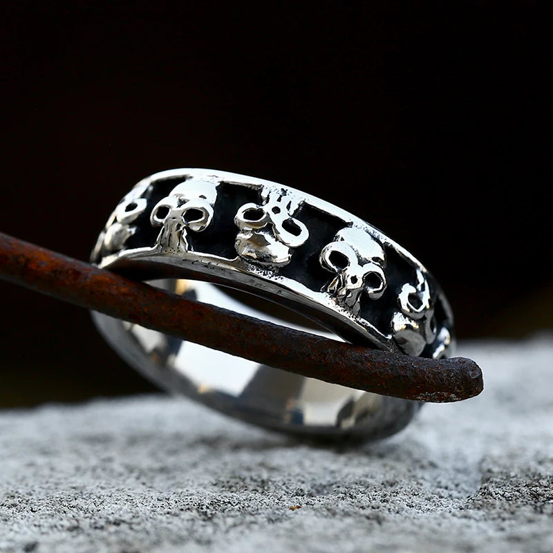 Men's Skull Ring – Gothic Stainless Steel Biker Band with Rhinestone Accents
