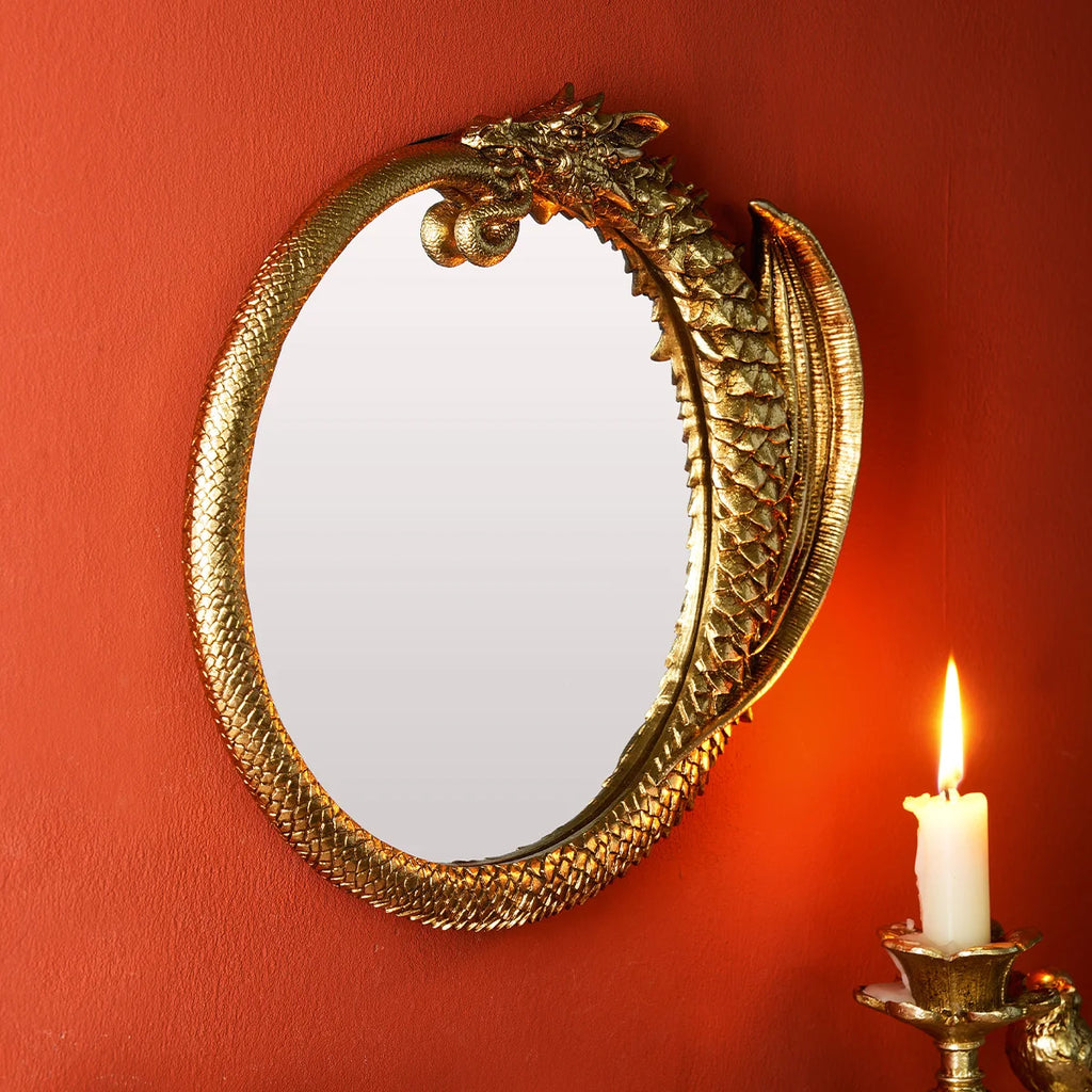 Dragon Wall Mirror – Golden Resin Decorative Oval Mirror