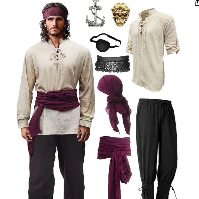 Men's Caribbean Pirate Costume Set – Medieval Buccaneer Outfit with Accessories