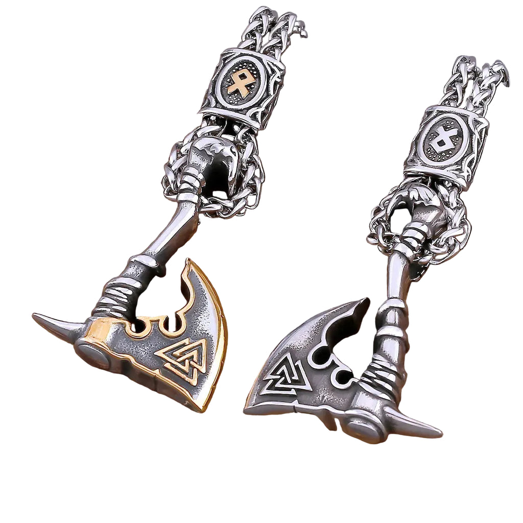 Viking Rune Axe Pendant Necklace – 316L Stainless Steel Norse Amulet | Gold & Silver