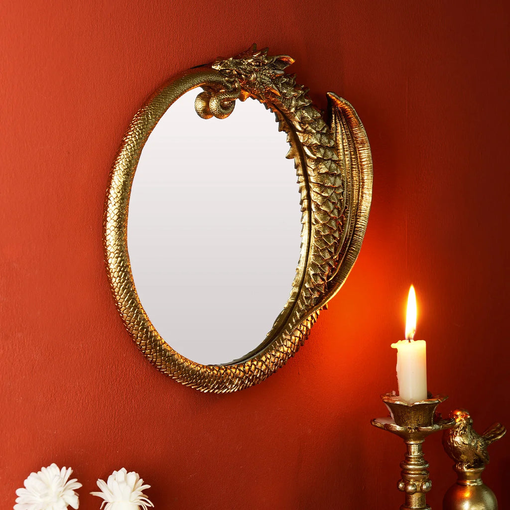 Dragon Wall Mirror – Golden Resin Decorative Oval Mirror