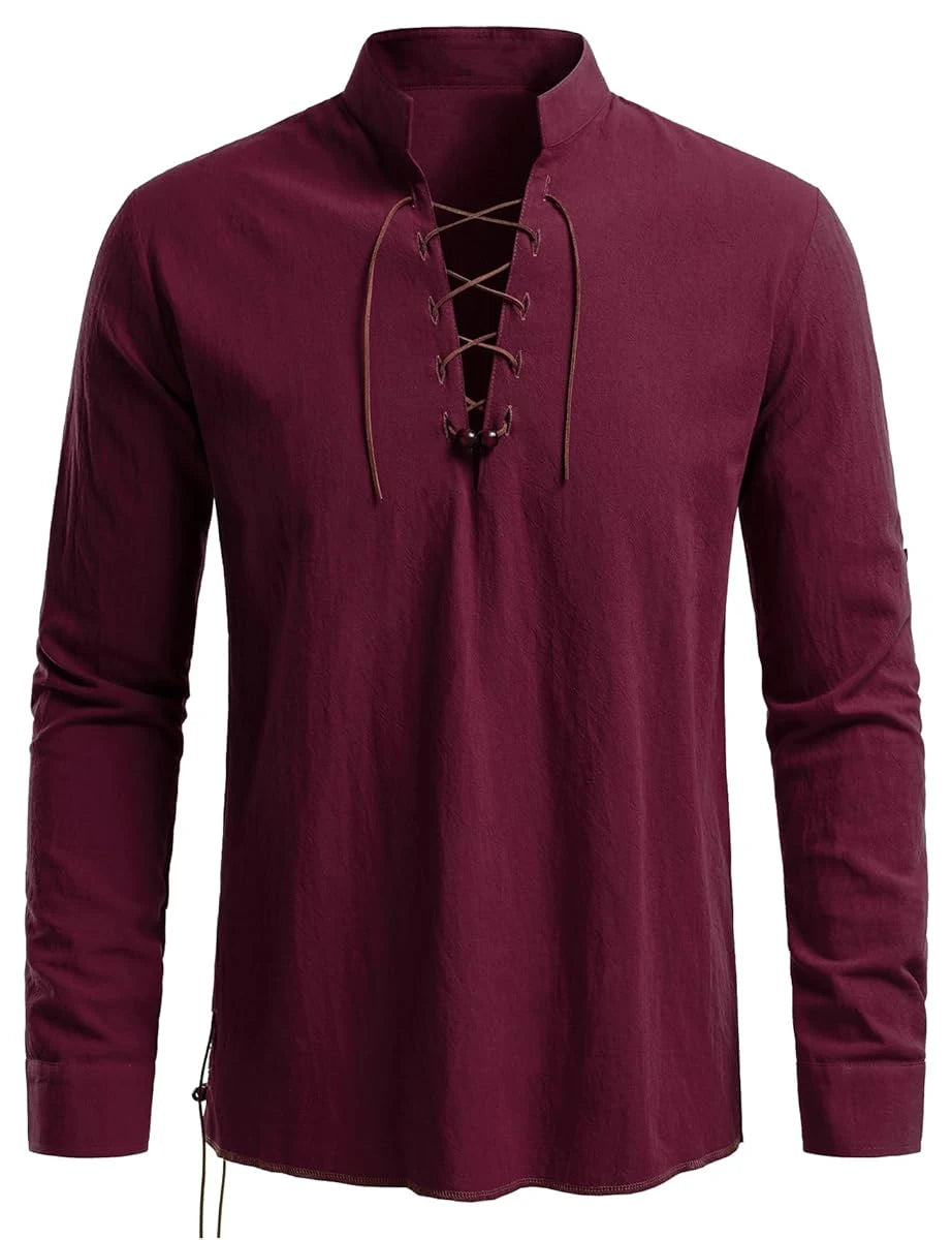 Men's Medieval Lace-Up Henley Shirt | Viking & Renaissance Long-Sleeve Top