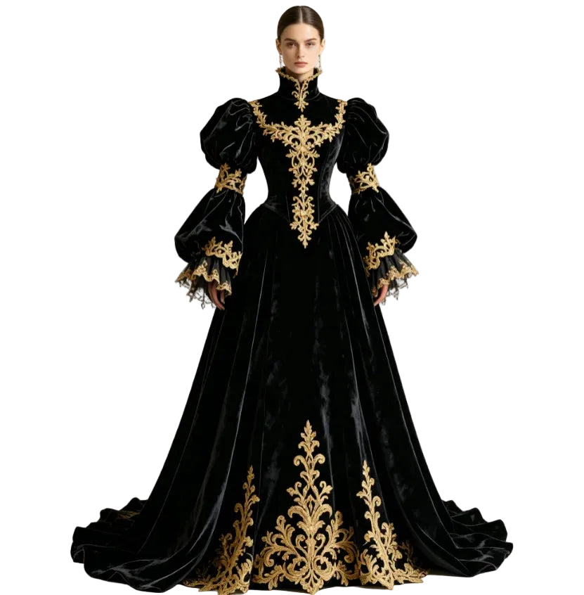 Women's Tudor Renaissance Black Velvet Gown – Gold Lace Medieval Evening Dress for Costume & Formal Events