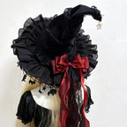 Gothic Lace Witch Hat – Velvet Brim with Lace Trim & Moon Pendant for Halloween & Costume Parties