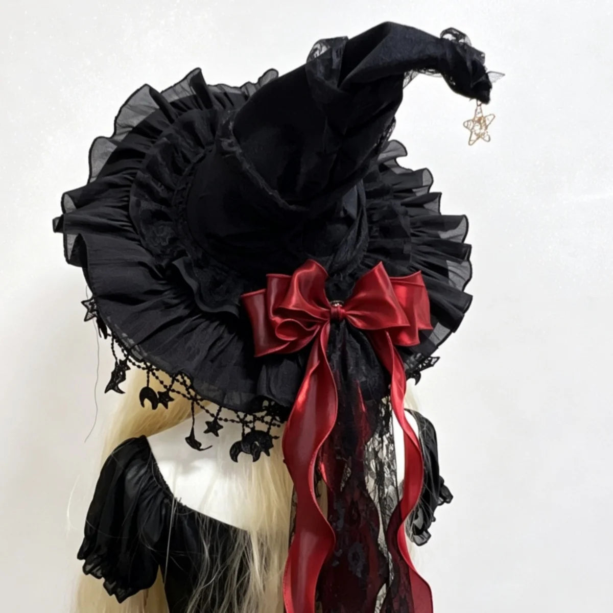 Gothic Lace Witch Hat – Velvet Brim with Lace Trim & Moon Pendant for Halloween & Costume Parties