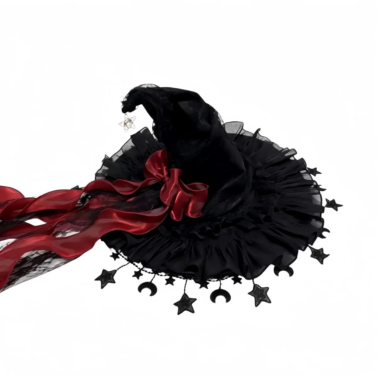 Gothic Lace Witch Hat – Velvet Brim with Lace Trim & Moon Pendant for Halloween & Costume Parties