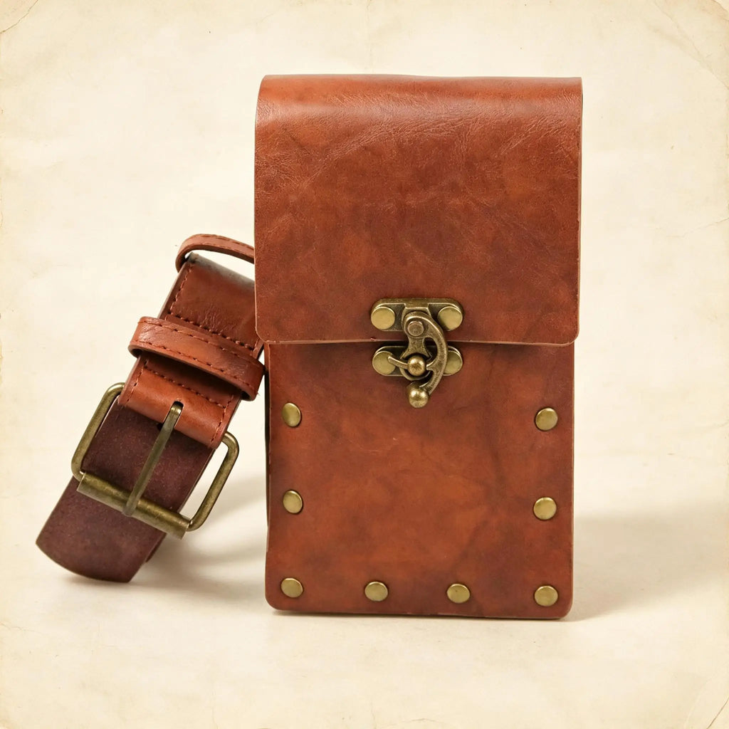 Medieval Leather Belt Pouch – Vintage Rivet Waist Bag
