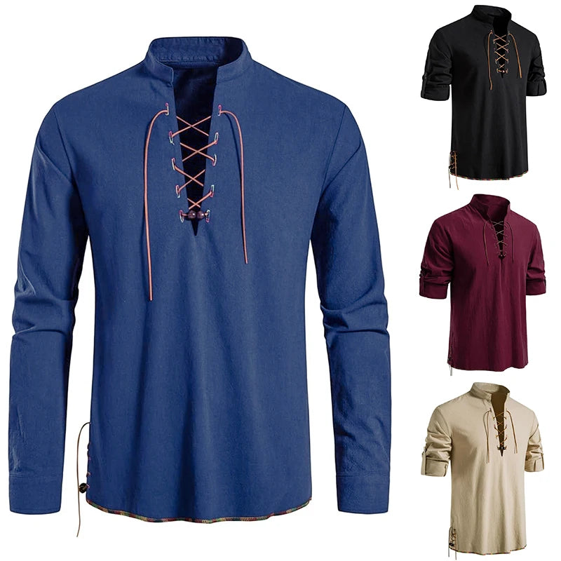 Men's Medieval Lace-Up Henley Shirt | Viking & Renaissance Long-Sleeve Top