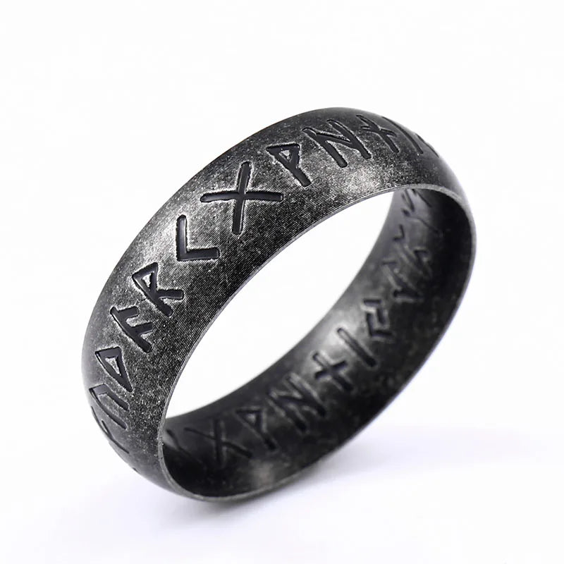 Men's Viking Rune Ring – Stainless Steel Elder Futhark Band in Silver, Black & Retro Finish