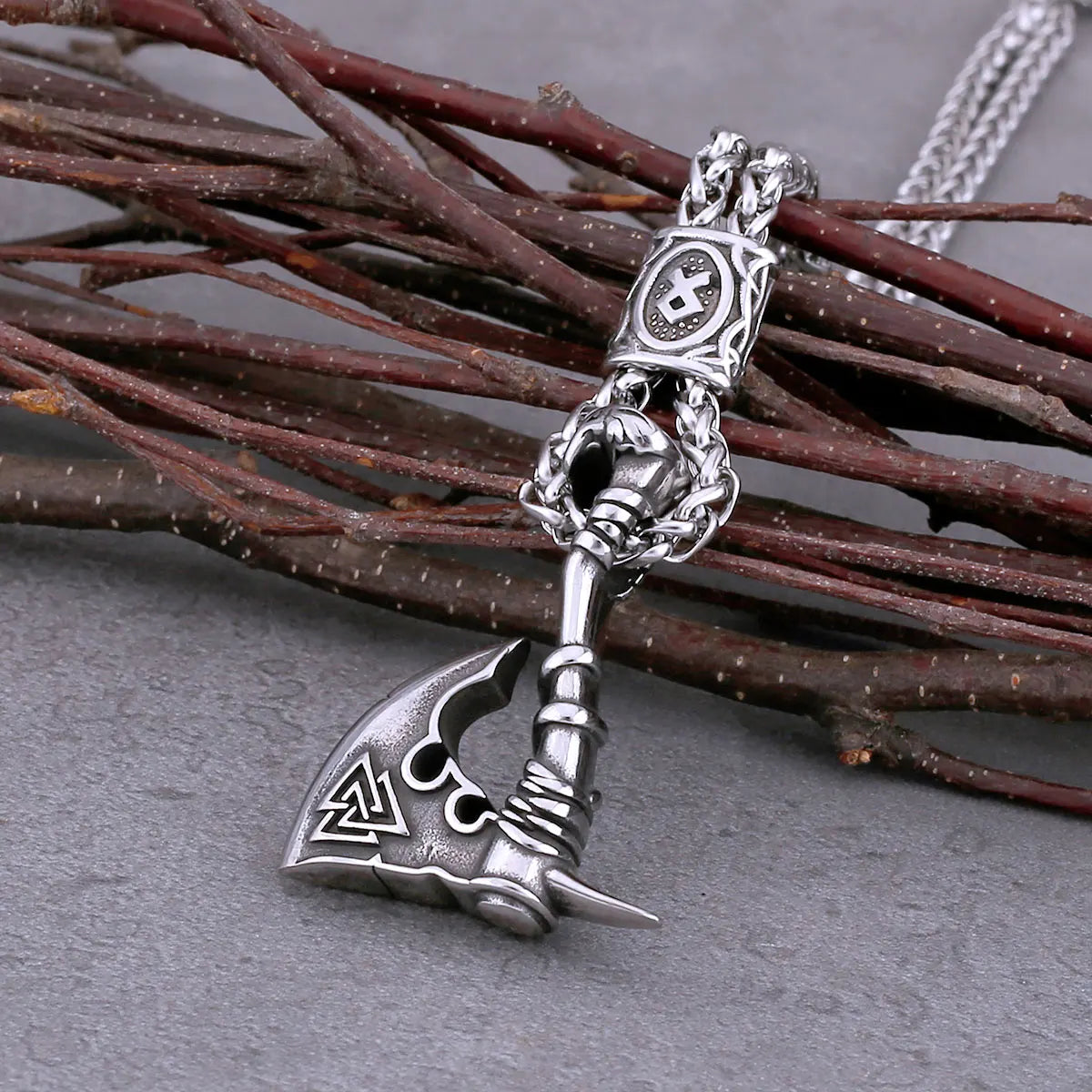 Viking Rune Axe Pendant Necklace – 316L Stainless Steel Norse Amulet | Gold & Silver
