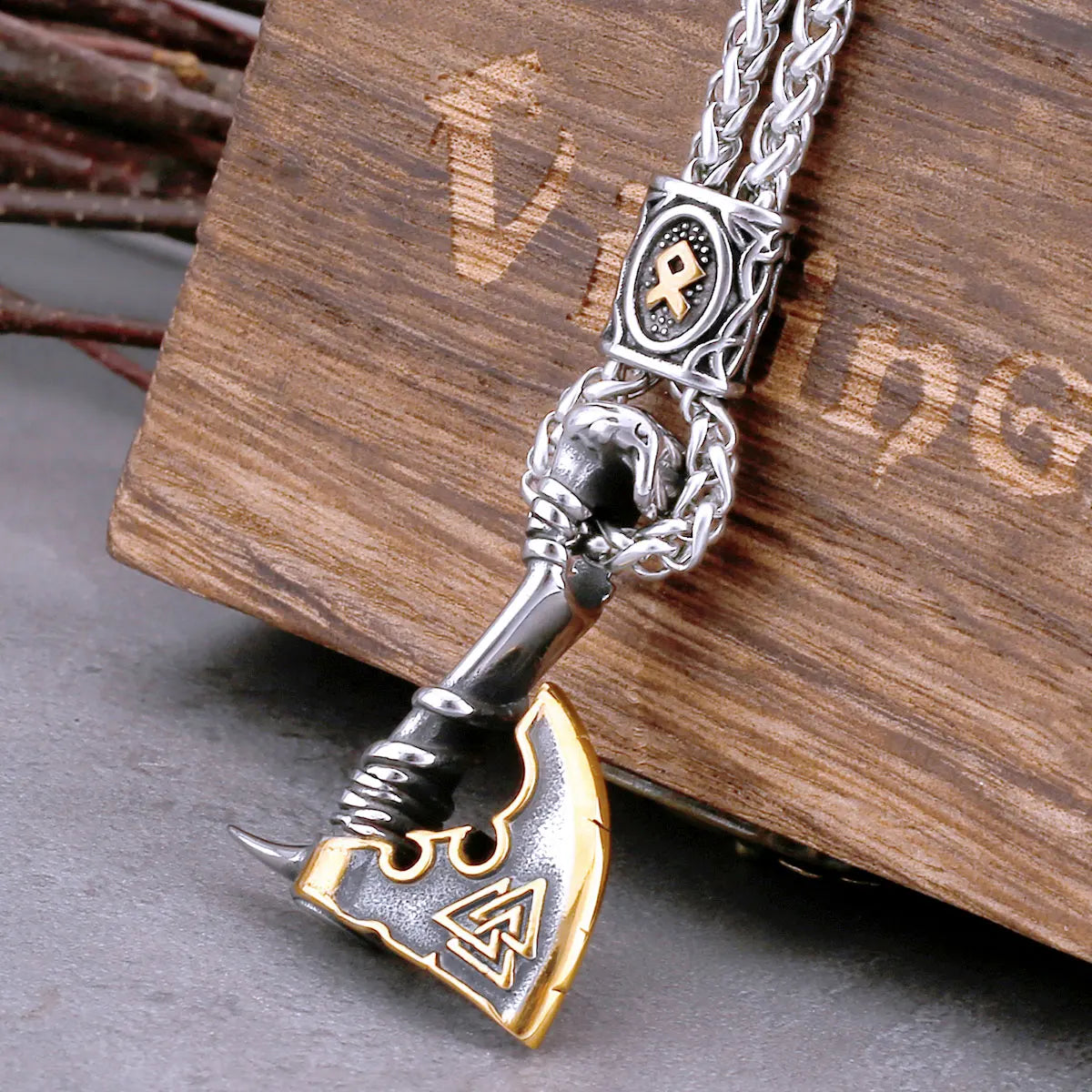Viking Rune Axe Pendant Necklace – 316L Stainless Steel Norse Amulet | Gold & Silver