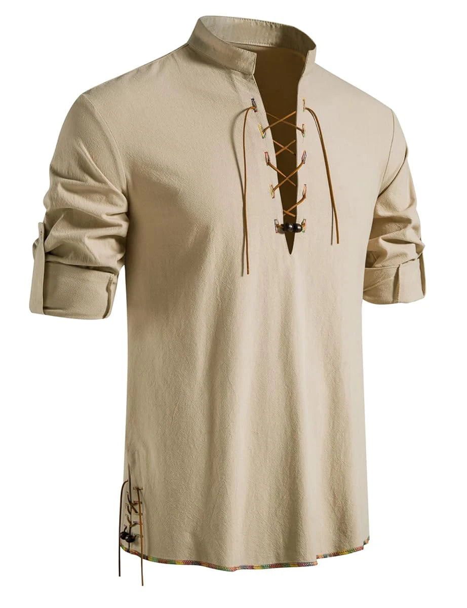 Men's Medieval Lace-Up Henley Shirt | Viking & Renaissance Long-Sleeve Top