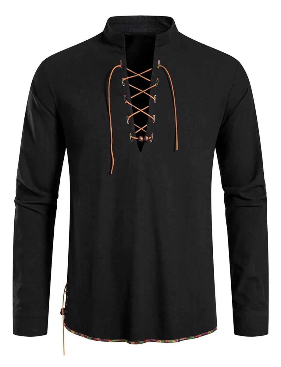 Men's Medieval Lace-Up Henley Shirt | Viking & Renaissance Long-Sleeve Top