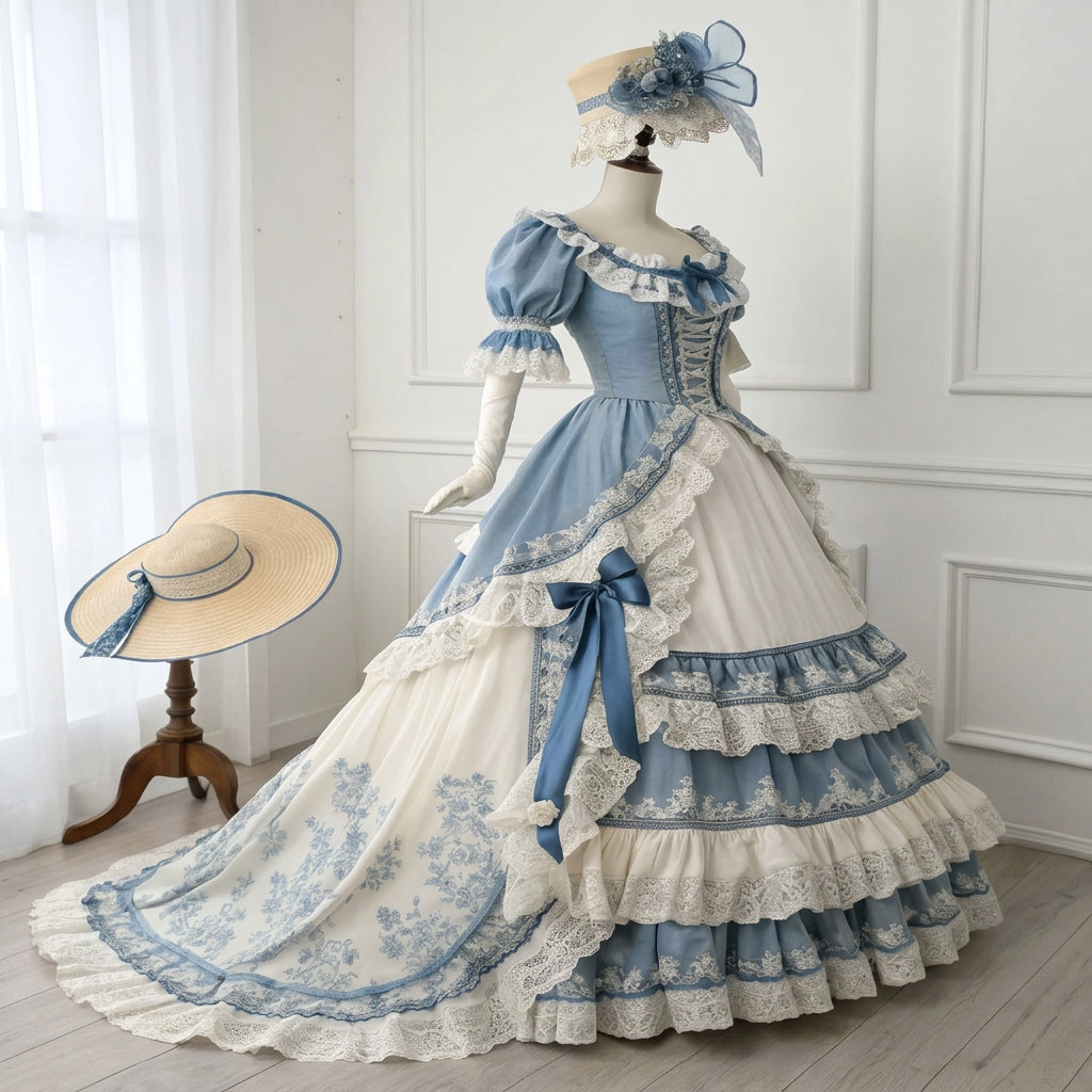 Marie Antoinette Rococo Ball Gown – Blue & White Satin Bustle Dress