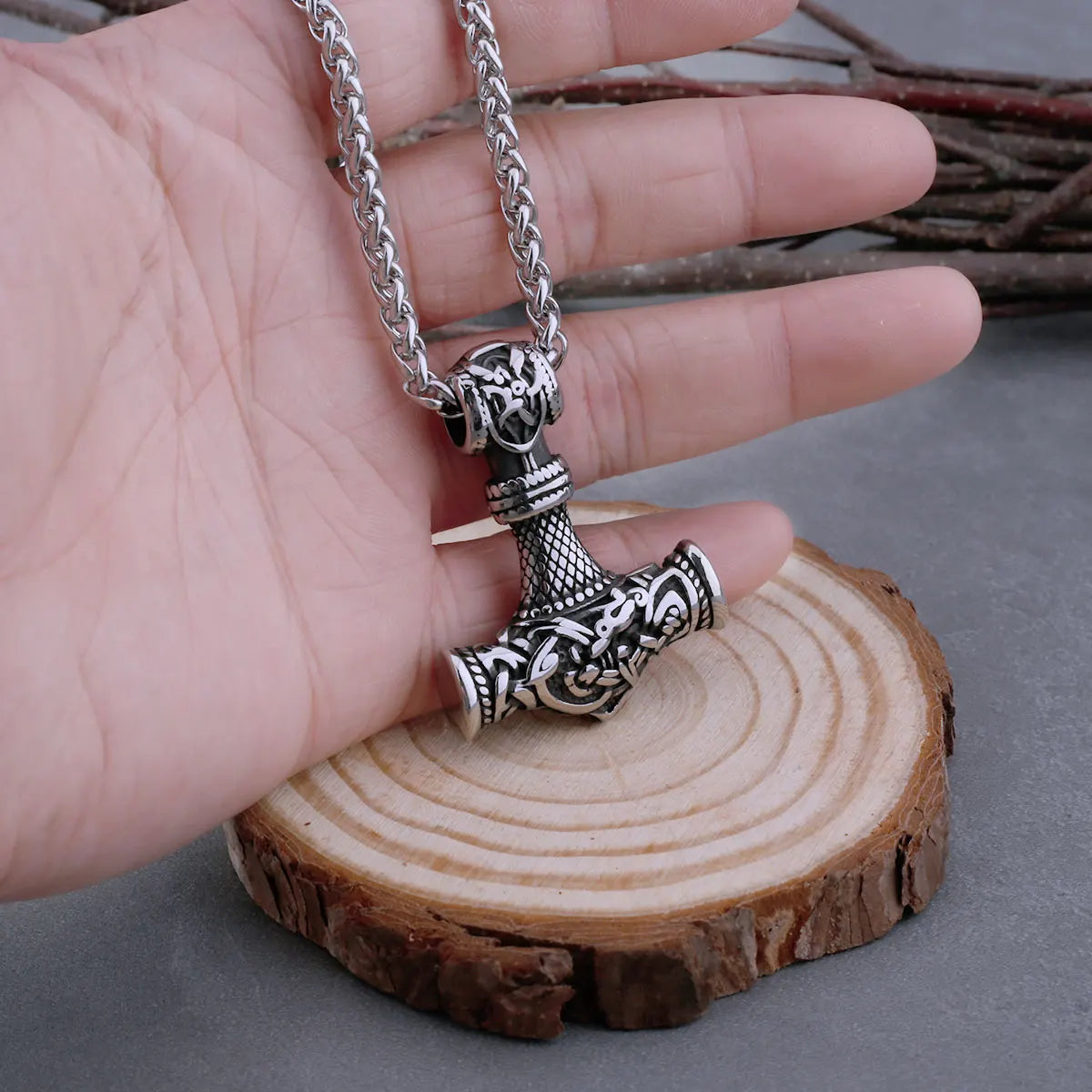 Men's Viking Thor's Hammer Necklace – Mjölnir Amulet Pendant in 316L Stainless Steel with Snake Chain