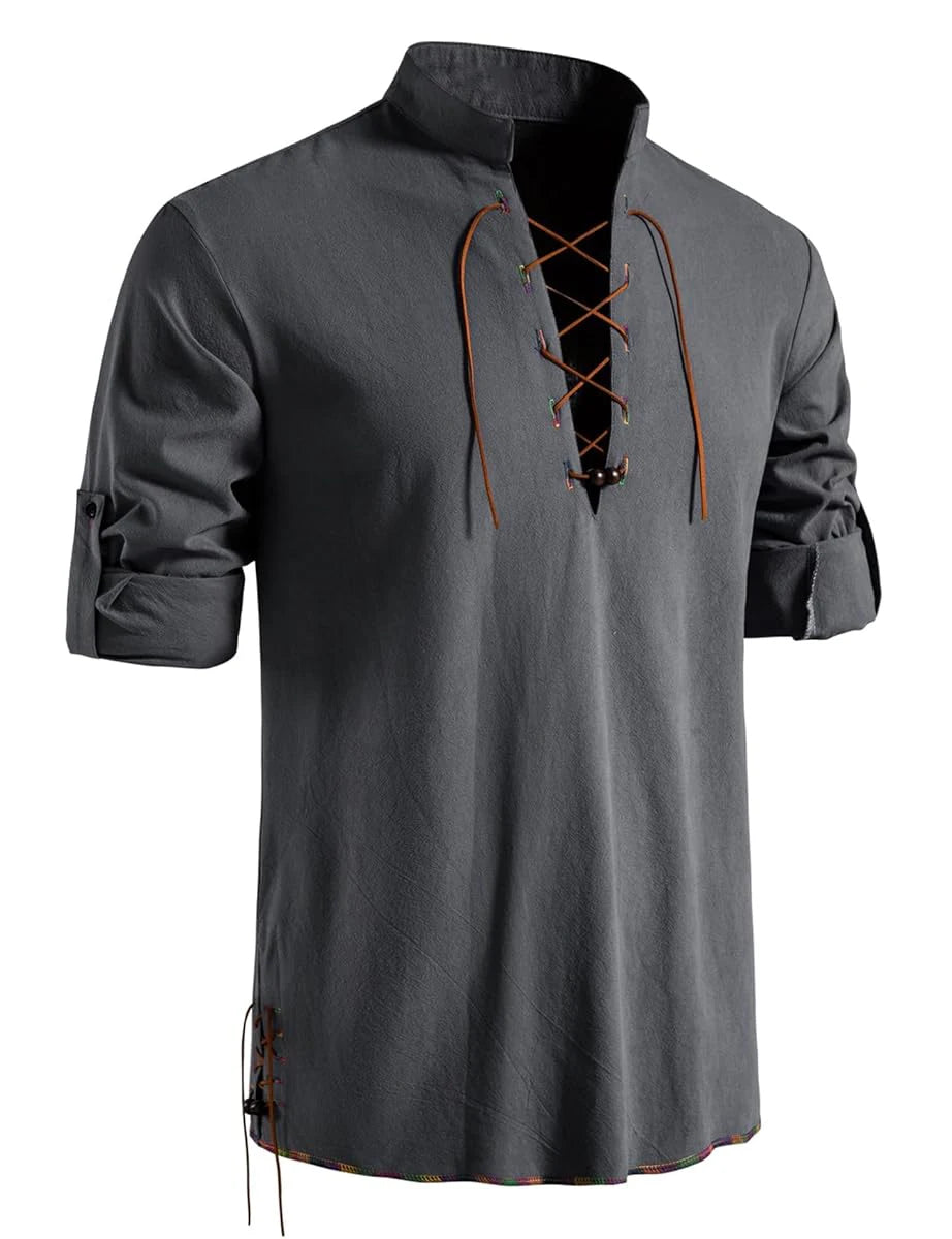 Men's Medieval Lace-Up Henley Shirt | Viking & Renaissance Long-Sleeve Top