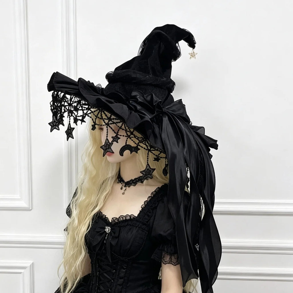Gothic Lace Witch Hat – Velvet Brim with Lace Trim & Moon Pendant for Halloween & Costume Parties