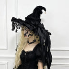 Gothic Lace Witch Hat – Velvet Brim with Lace Trim & Moon Pendant for Halloween & Costume Parties