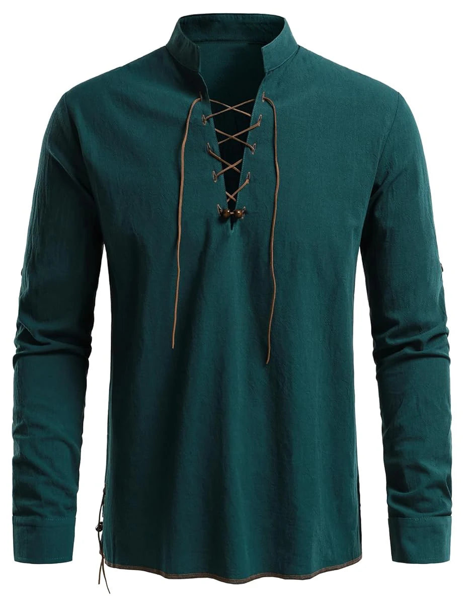 Men's Medieval Lace-Up Henley Shirt | Viking & Renaissance Long-Sleeve Top