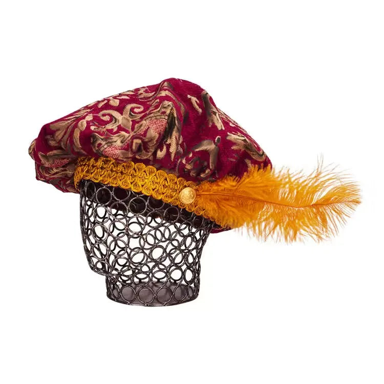 Tudor & Renaissance Brocade Flat Cap with Feather – Men’s Muffin Hat | Multiple Colors