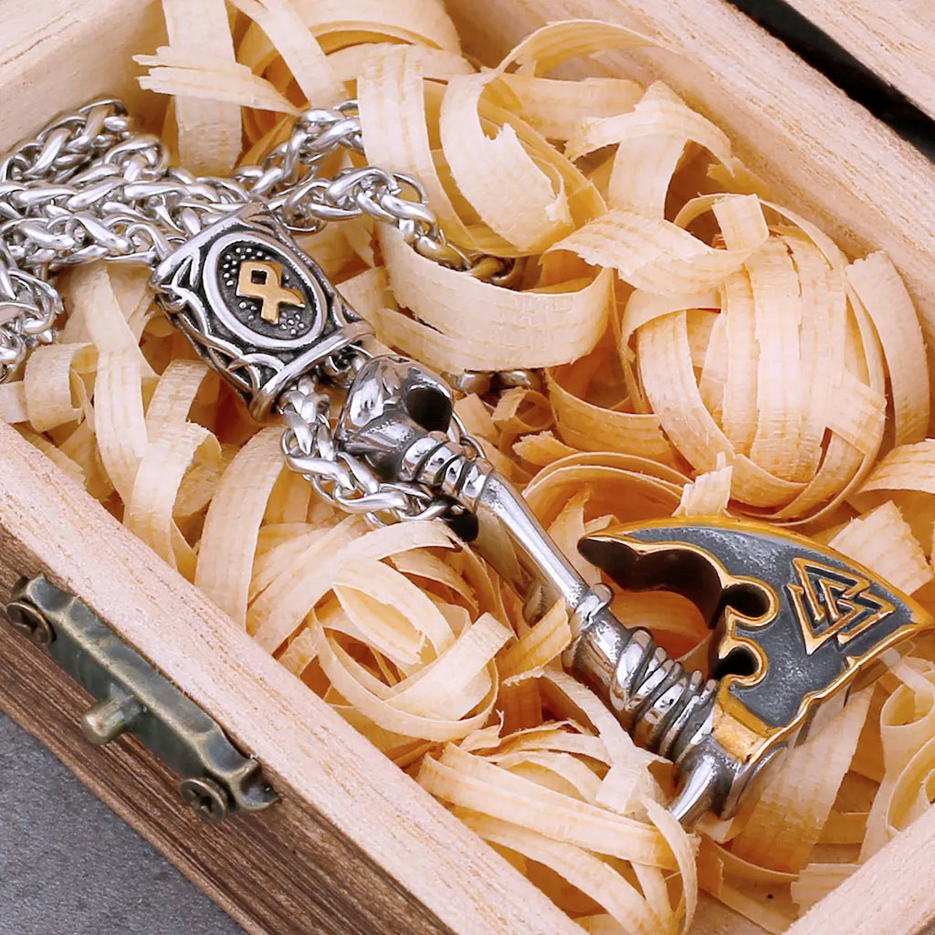 Viking Rune Axe Pendant Necklace – 316L Stainless Steel Norse Amulet | Gold & Silver