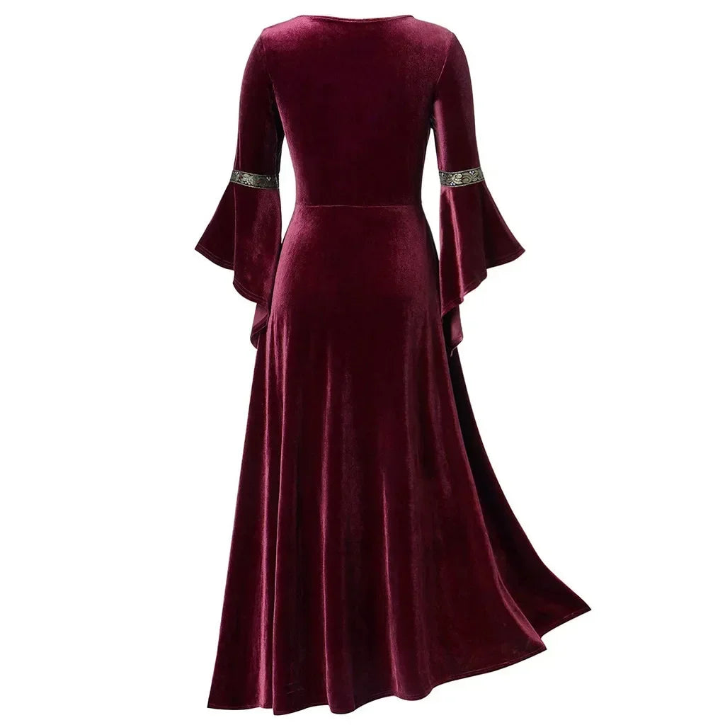 Medieval Gothic Lace-Up Velvet Gown – Long Sleeve Vampire Witch Costume for Women